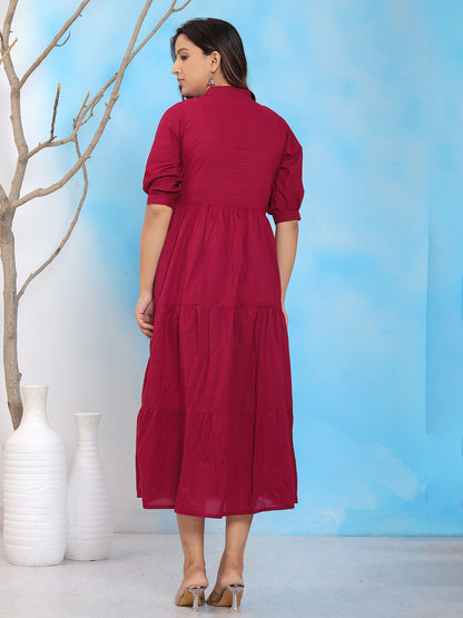 Mitrika Wine Mandarin Collar Tiered Cotton A-Line Midi Dress