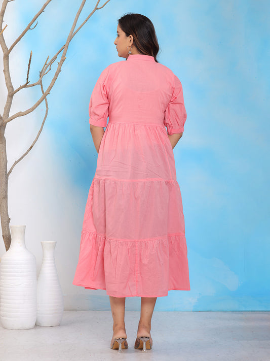 Mitrika Peach Cotton Tiered A-Line Fit & Flare Midi Dress