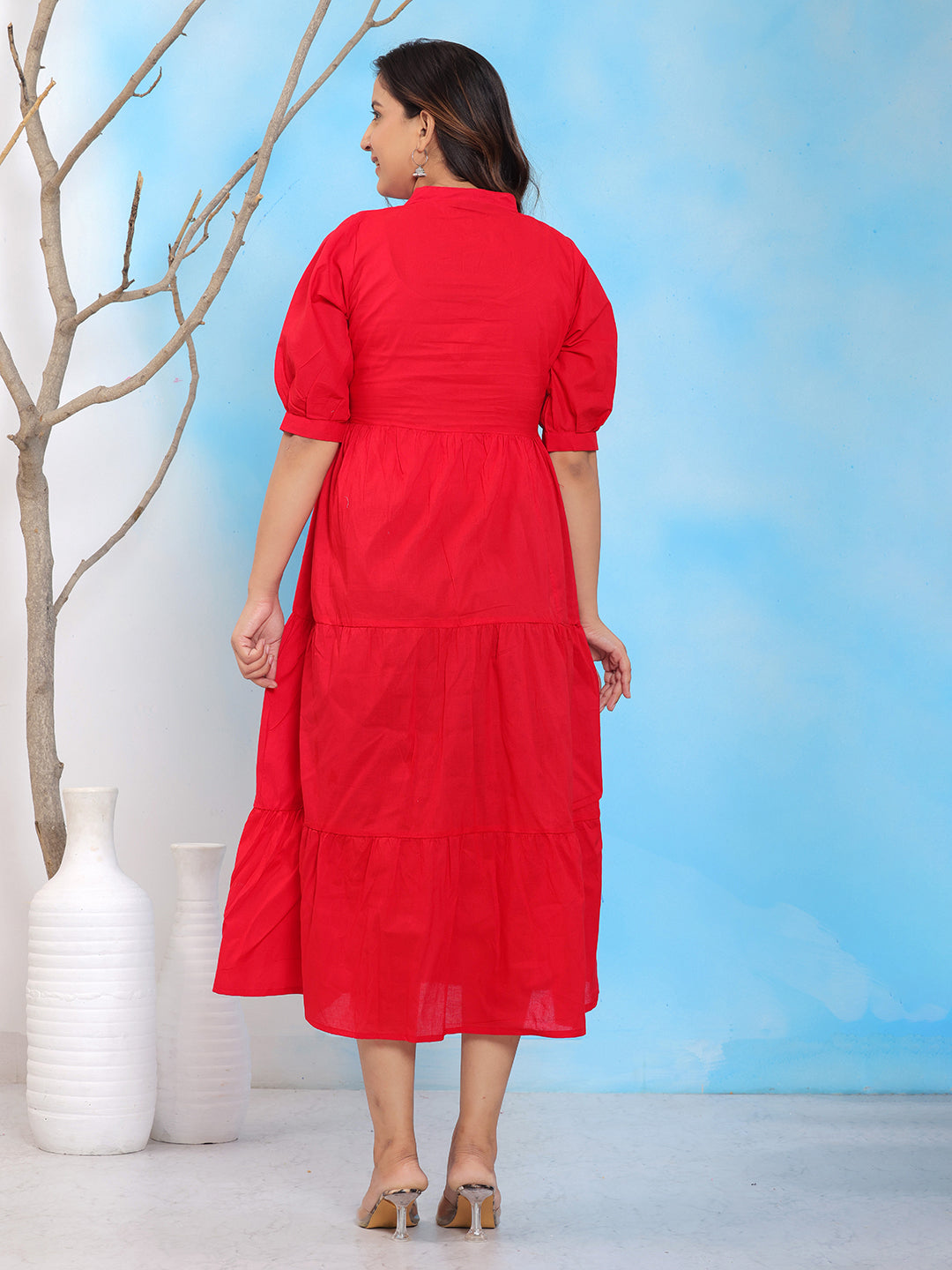 Mitrika Solid Red Mandarin Collar A-Line Tiered Cotton Midi Dress