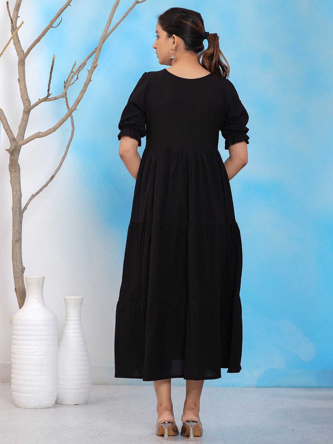 Mitrika Elegant Black Embroidered A-Line Tiered Midi Dress
