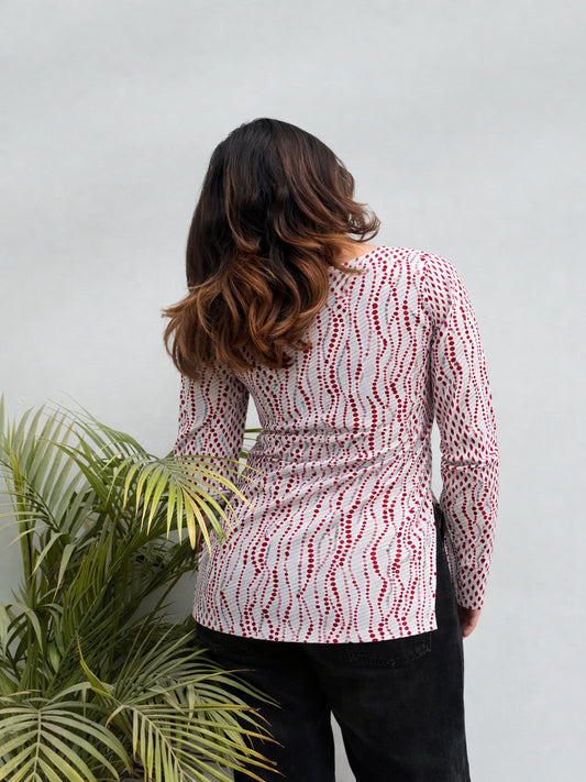 Women Pink Abstract Printed Square Neck Top with Flared Sleeves