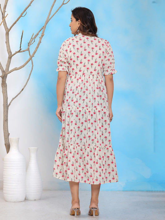 Mitrika White & Pink Floral Printed Mandarin Collar Tiered A-Line Midi Dress