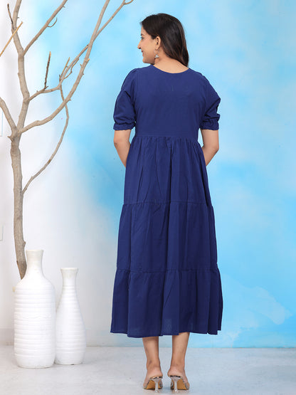 Mitrika Navy Blue Cotton Tiered Dress with Floral Embroidery