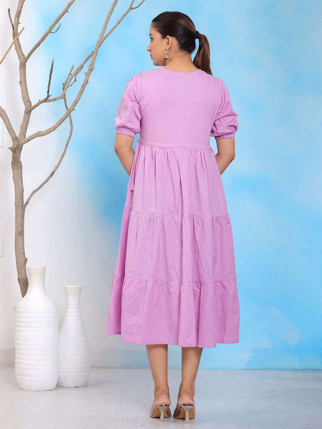 Mitrika Pink V-Neck Puff Sleeve with elastic Hem Midi Dress