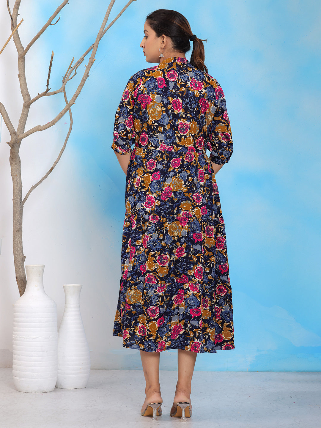 Mitrika Elegant Floral Printed Navy Blue A-Line Midi Dress