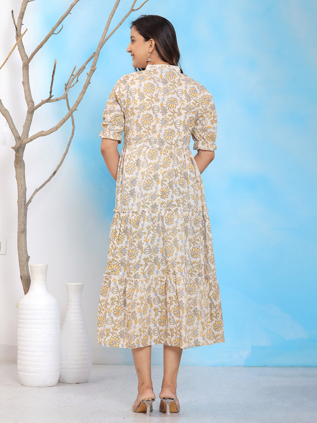 Mitrika White & Yellow Floral Printed Cotton Tiered Midi Dress