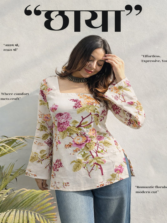 Romantic Floral Print Pure Cotton Square Neck And Bell Sleeve Top with Back Lace Up