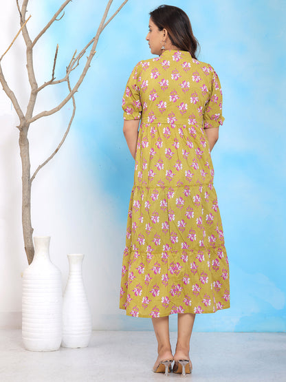 Mitrika Mustard Yellow Floral Printed Tiered Midi Dress with Puff Sleeves