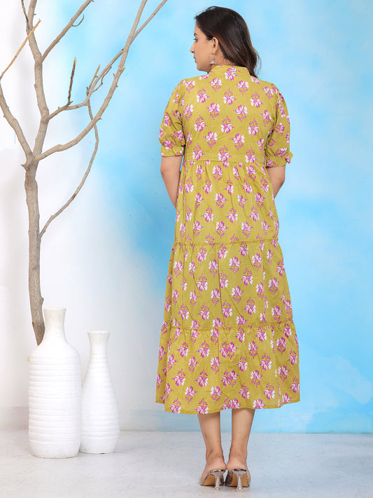 Mitrika Mustard Yellow Floral Printed Tiered Midi Dress with Puff Sleeves