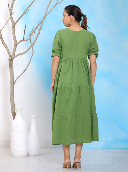 Mitrika Elegant Green Embroidered V-Neck Tiered Cotton Midi Dress