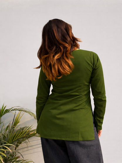 Regular fit mehndi green short kurti in breathable cotton by Mitrika