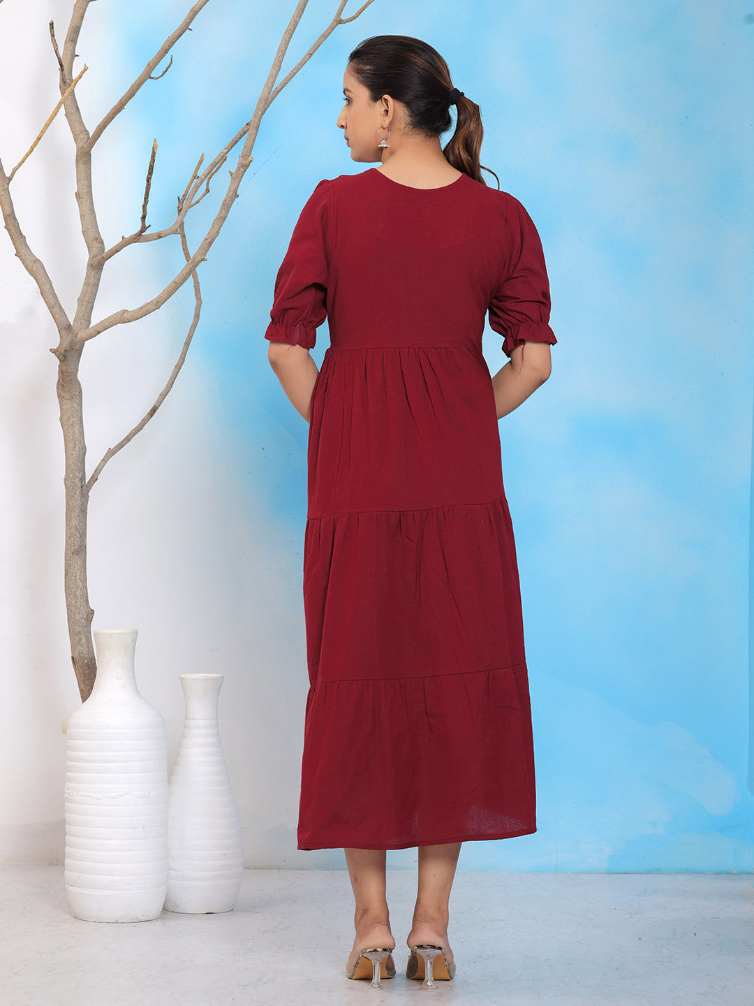 Mitrika Elegant Maroon Cotton A-Line Embroidered Midi Dress
