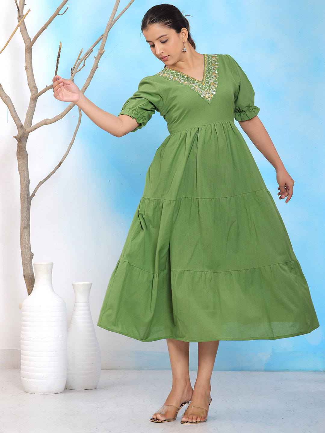 Mitrika Elegant Green Embroidered V-Neck Tiered Cotton Midi Dress