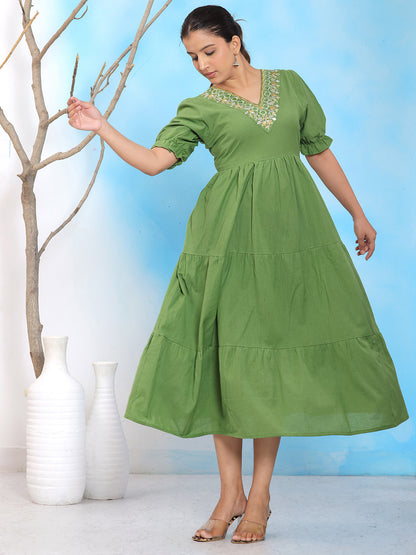 Mitrika Elegant Green Embroidered V-Neck Tiered Cotton Midi Dress