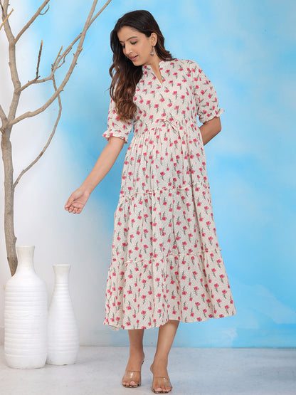 Mitrika White & Pink Floral Printed Mandarin Collar Tiered A-Line Midi Dress