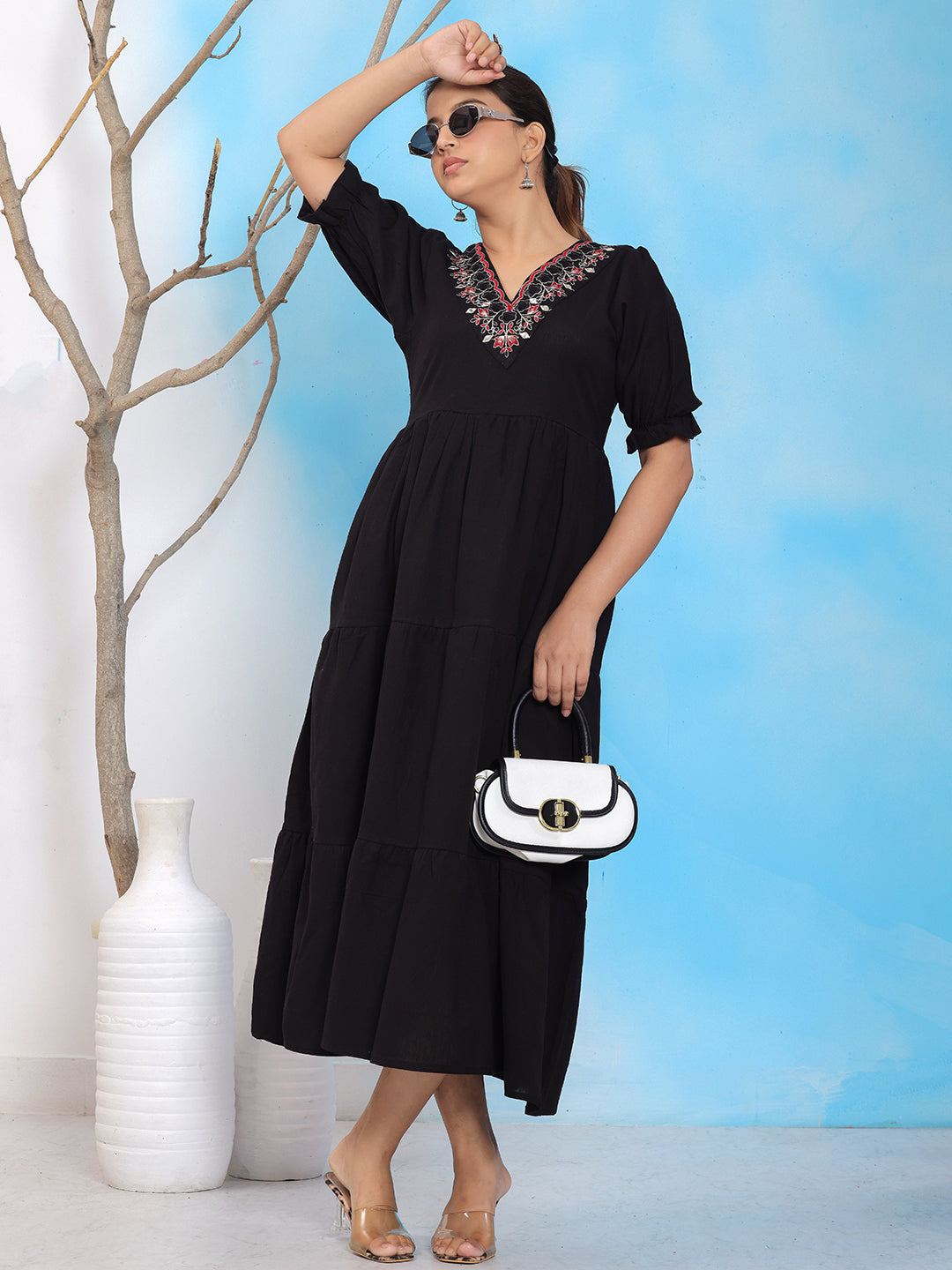 Mitrika Elegant Black Embroidered A-Line Tiered Midi Dress