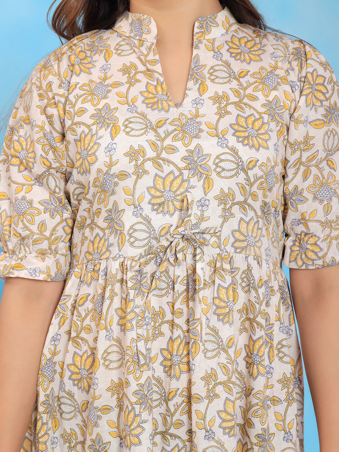Mitrika White & Yellow Floral Printed Cotton Tiered Midi Dress