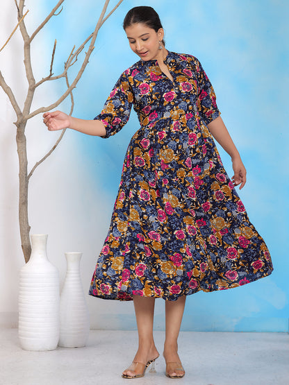 Mitrika Elegant Floral Printed Navy Blue A-Line Midi Dress
