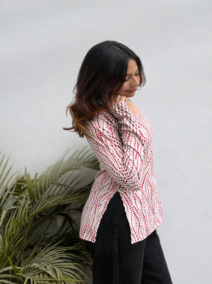 Women Pink Abstract Printed Square Neck Top with Flared Sleeves