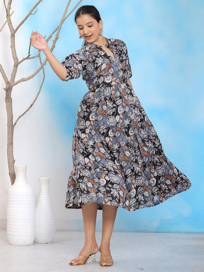Mitrika Floral Printed Black A-Line Midi Dress with Puff Sleeves