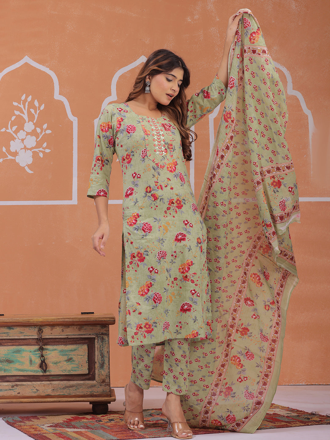 Mitrika Elegant Sage Green Floral Printed Kurta Set with Dupatta