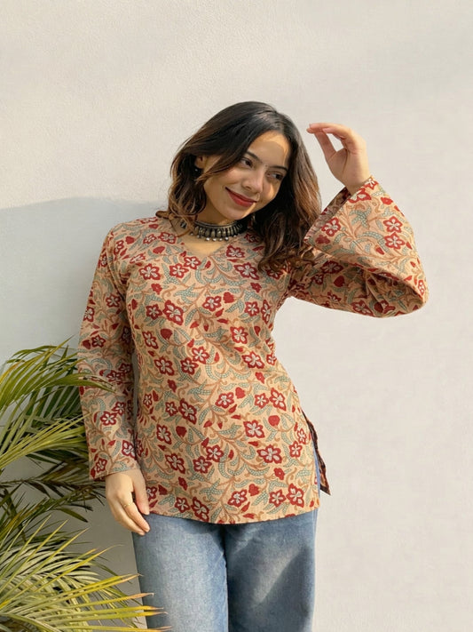 Women Red Floral Print V-Neck Pure Cotton Kurta Top with Bell Sleeves
