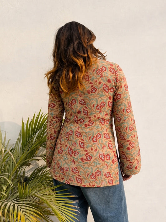 Women Red Floral Print V-Neck Pure Cotton Kurta Top with Bell Sleeves