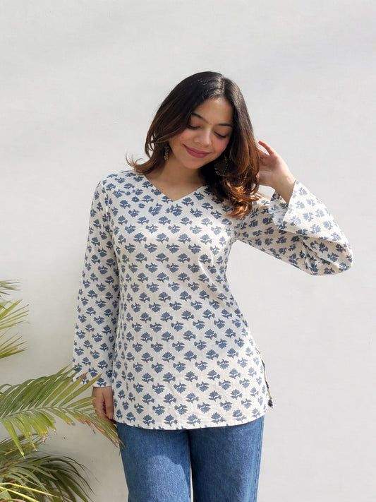 Women Blue Floral Print V-Neck Pure Cotton Top with Bell Sleeves