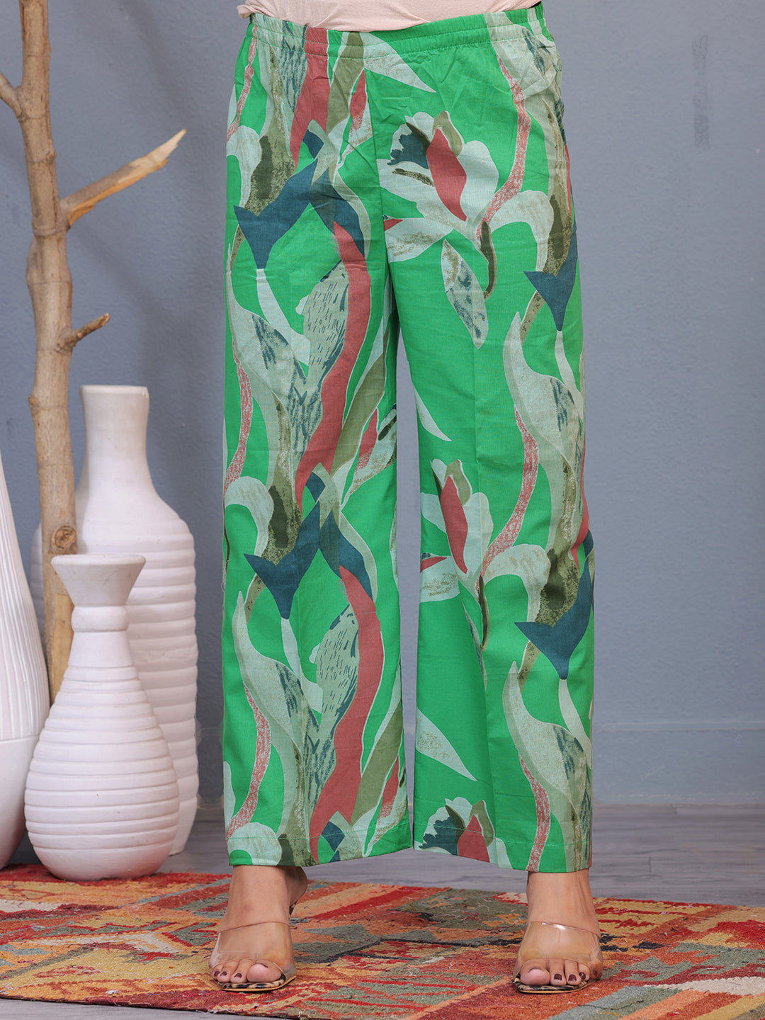 Mitrika Elegant Green Leaf-Print Cotton Co-Ord Set