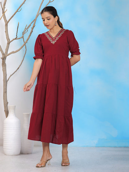 Mitrika Elegant Maroon Cotton A-Line Embroidered Midi Dress