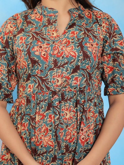 Mitrika Rust Floral Printed Fit & Flare Cotton Midi Dress