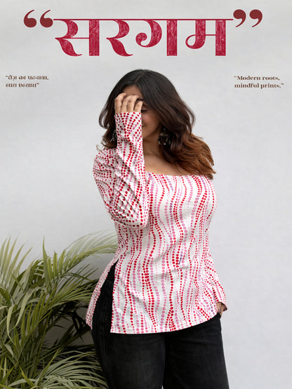 Women Pink Abstract Printed Square Neck Top with Flared Sleeves