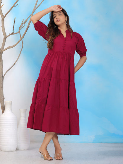 Mitrika Wine Mandarin Collar Tiered Cotton A-Line Midi Dress