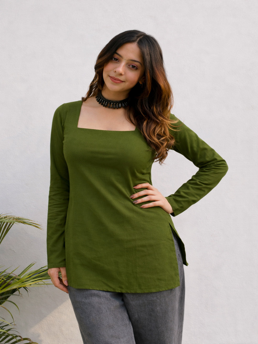 Mehndi green straight short kurti for daily wear by Mitrika