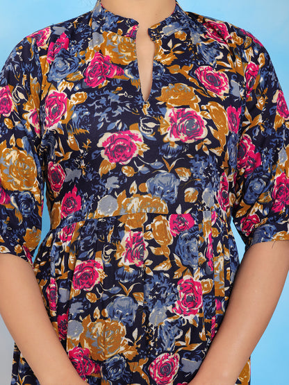 Mitrika Elegant Floral Printed Navy Blue A-Line Midi Dress