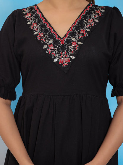 Mitrika Elegant Black Embroidered A-Line Tiered Midi Dress