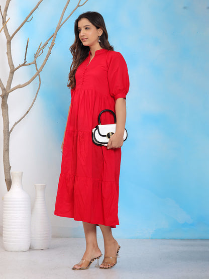Mitrika Solid Red Mandarin Collar A-Line Tiered Cotton Midi Dress