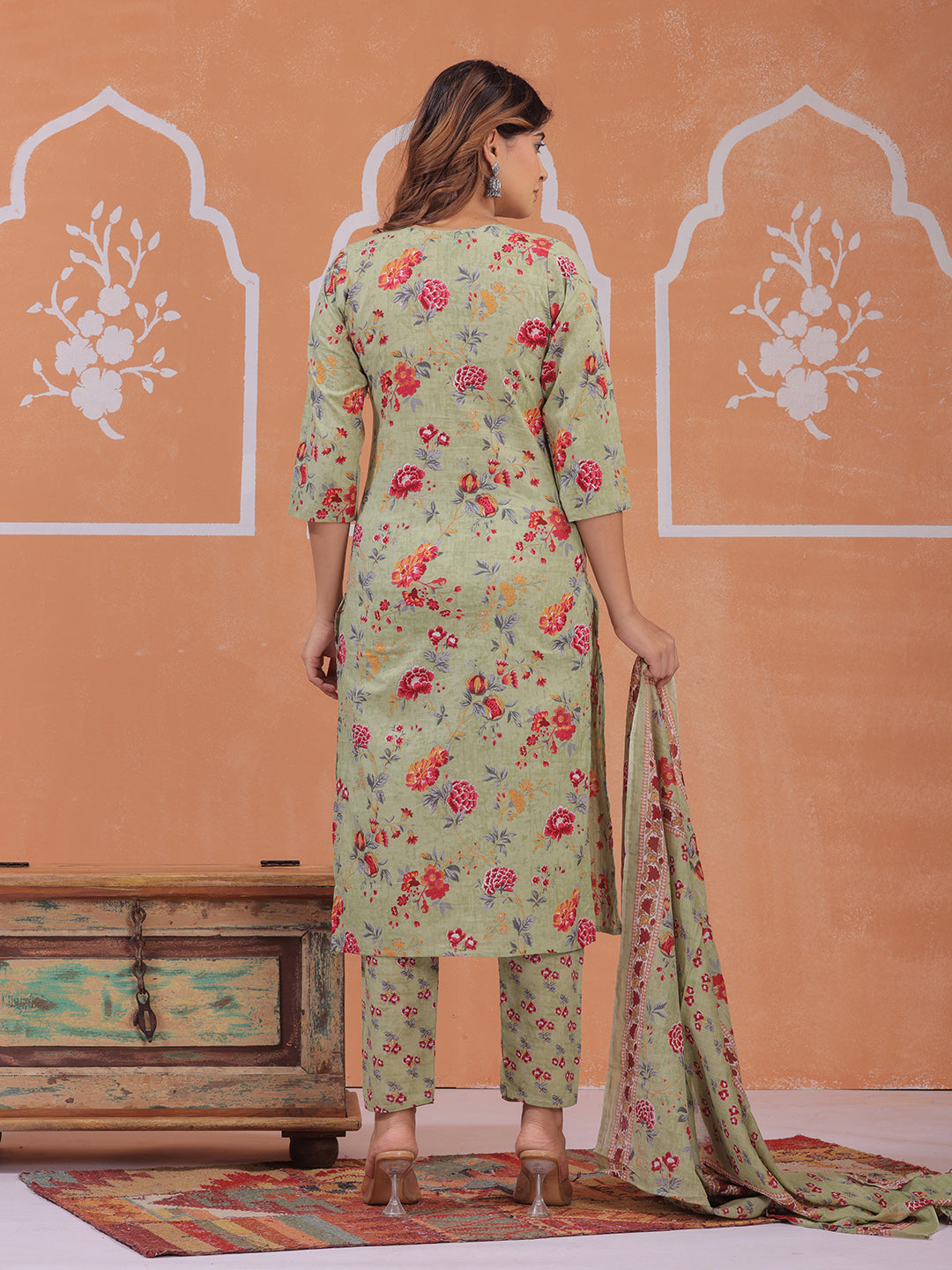 Mitrika Elegant Sage Green Floral Printed Kurta Set with Dupatta
