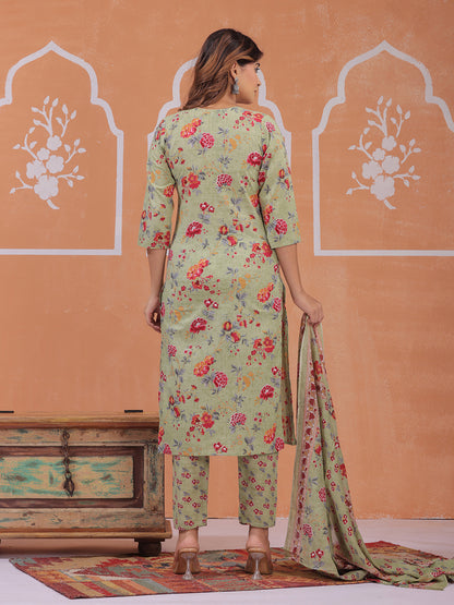 Mitrika Elegant Sage Green Floral Printed Kurta Set with Dupatta