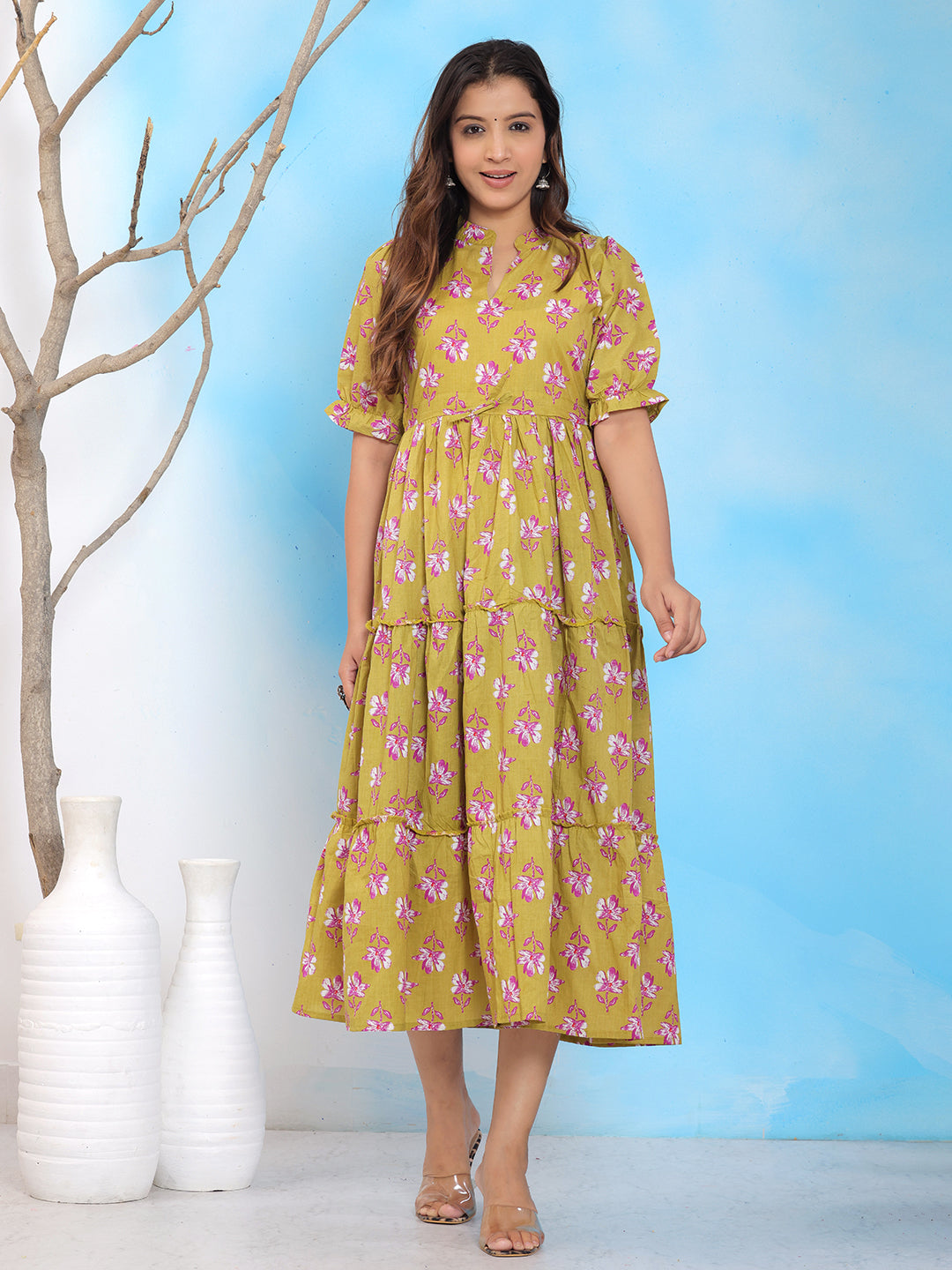 Mitrika Mustard Yellow Floral Printed Tiered Midi Dress with Puff Sleeves