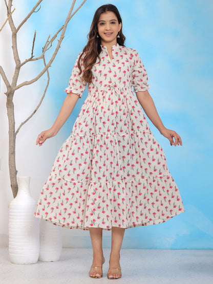 Mitrika White & Pink Floral Printed Mandarin Collar Tiered A-Line Midi Dress
