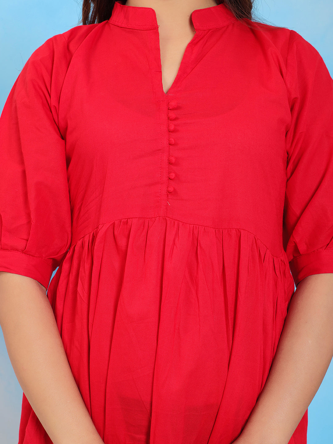 Mitrika Solid Red Mandarin Collar A-Line Tiered Cotton Midi Dress
