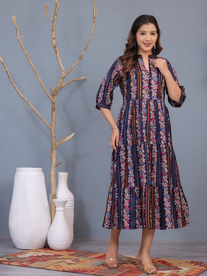 Mitrika Midnight Blue Floral stripes Viscose Rayon Fit & Flare Midi Dress