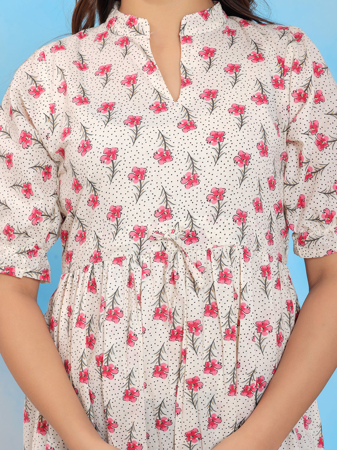 Mitrika White & Pink Floral Printed Mandarin Collar Tiered A-Line Midi Dress