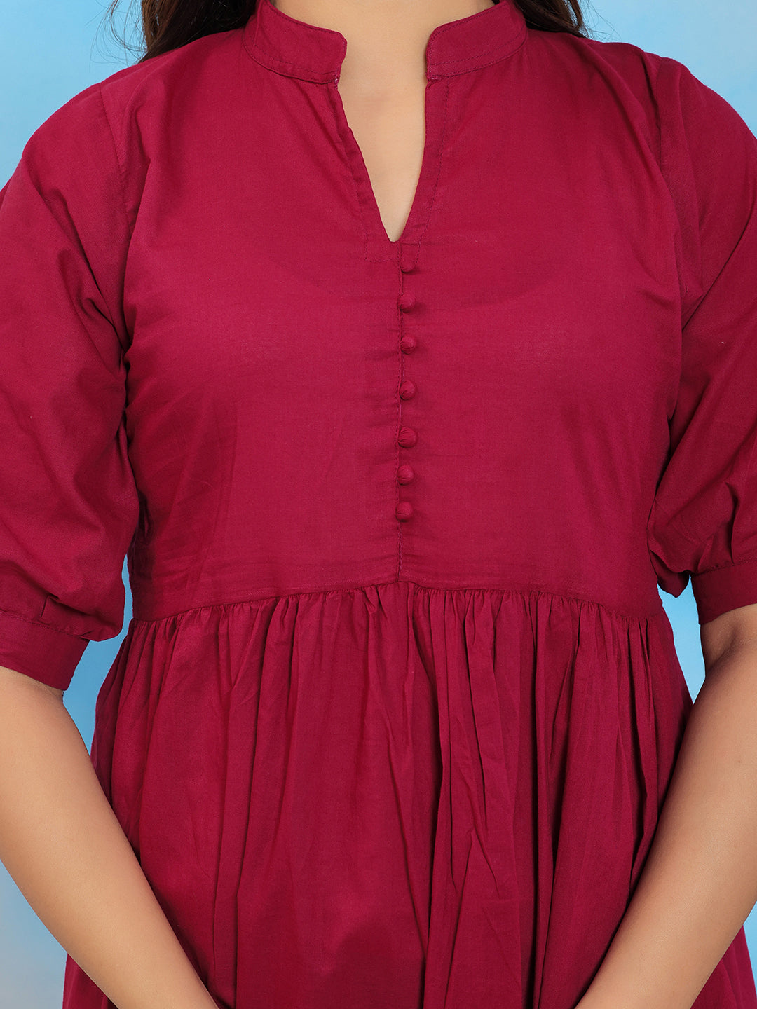 Mitrika Wine Mandarin Collar Tiered Cotton A-Line Midi Dress