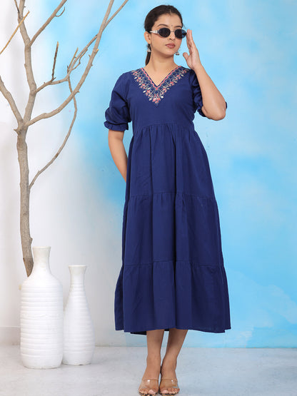 Mitrika Navy Blue Cotton Tiered Dress with Floral Embroidery