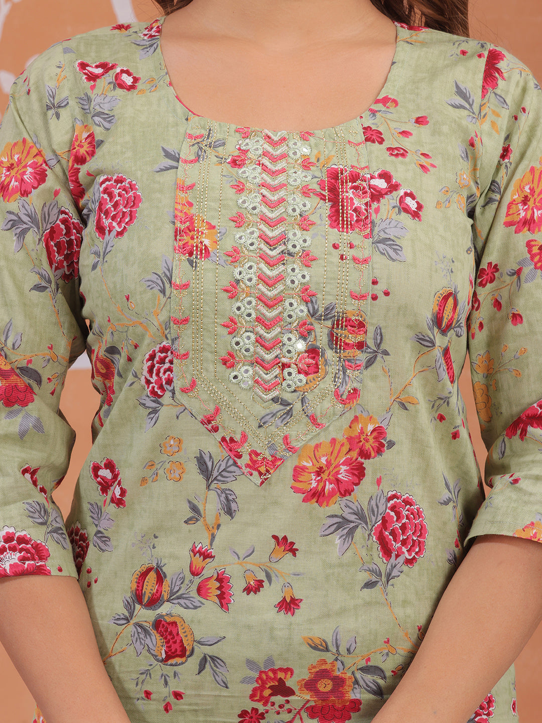 Mitrika Elegant Sage Green Floral Printed Kurta Set with Dupatta