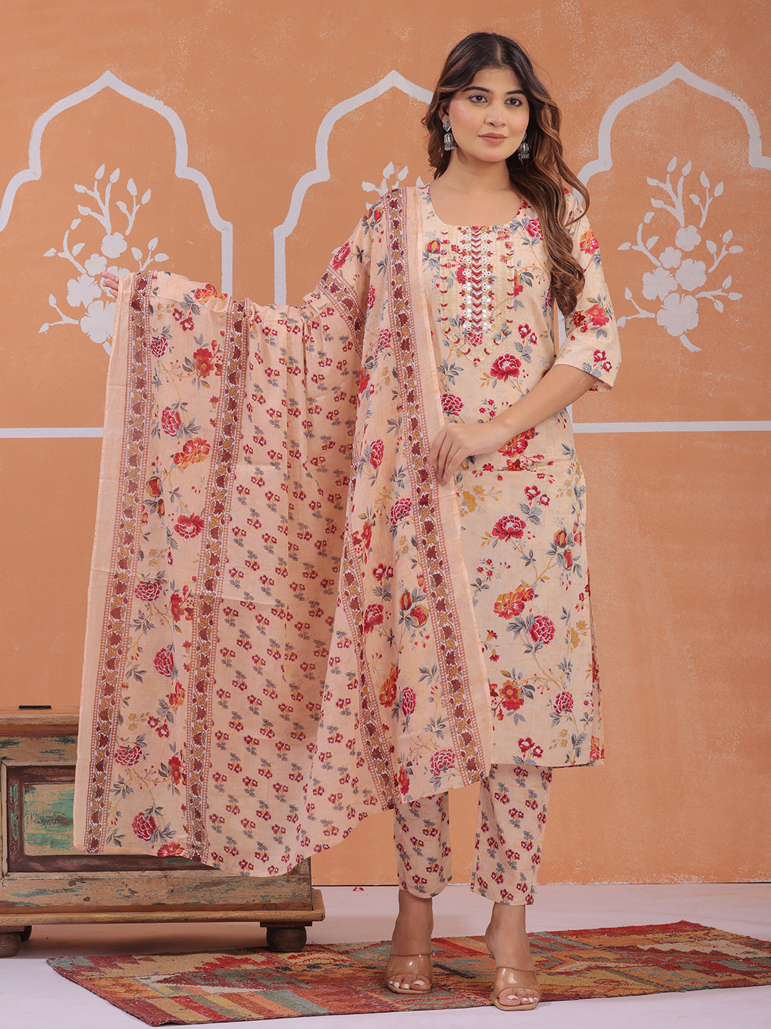 Elegant peach kurta set with matching dupatta