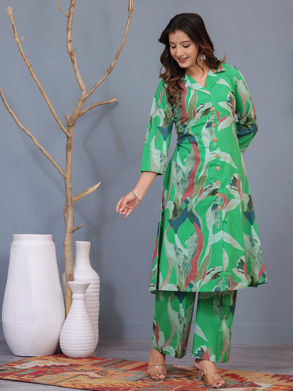 Mitrika Elegant Green Leaf-Print Cotton Co-Ord Set