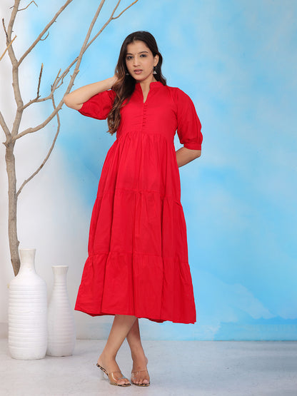Mitrika Solid Red Mandarin Collar A-Line Tiered Cotton Midi Dress
